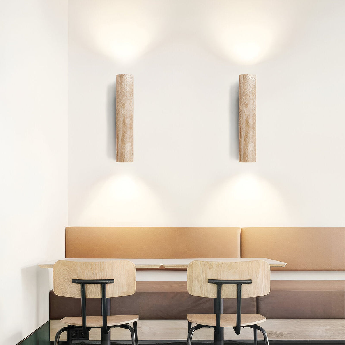 Japandi Travertin-Holz Zylinder LED-Wandleuchte 1-flammig