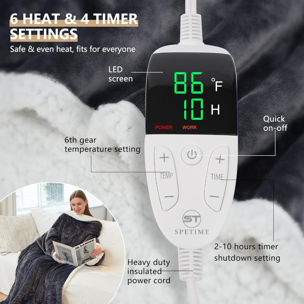 Manta eléctrica térmica portátil de forro sherpa para adultos