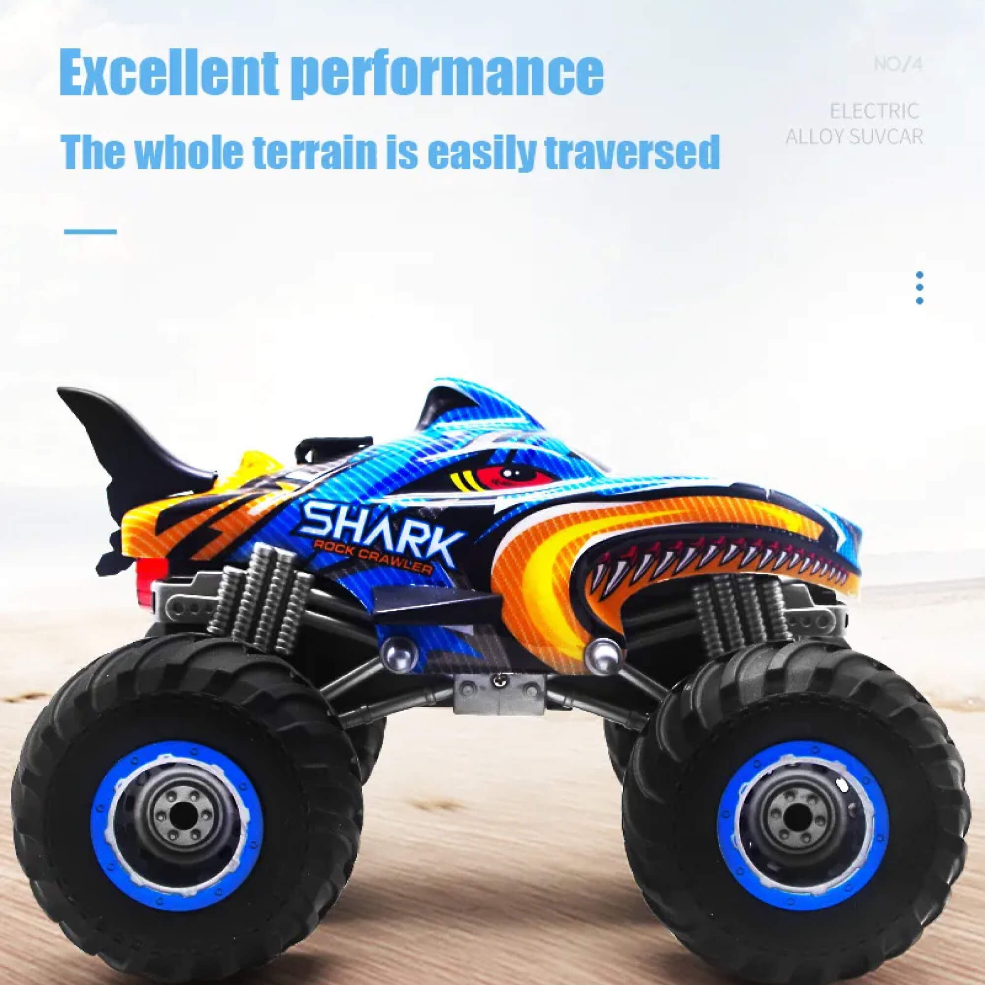Camión monstruo todoterreno RC 4x4 – Coche de control remoto para escalar rocas y derrapar (diseño Shark Digger)