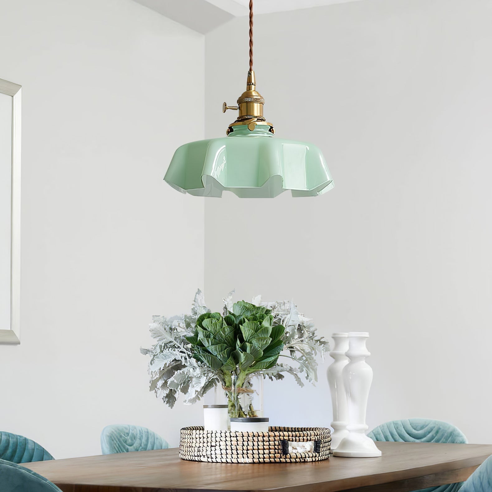French Ruffled Glass Brass Pendant Light 1-Light