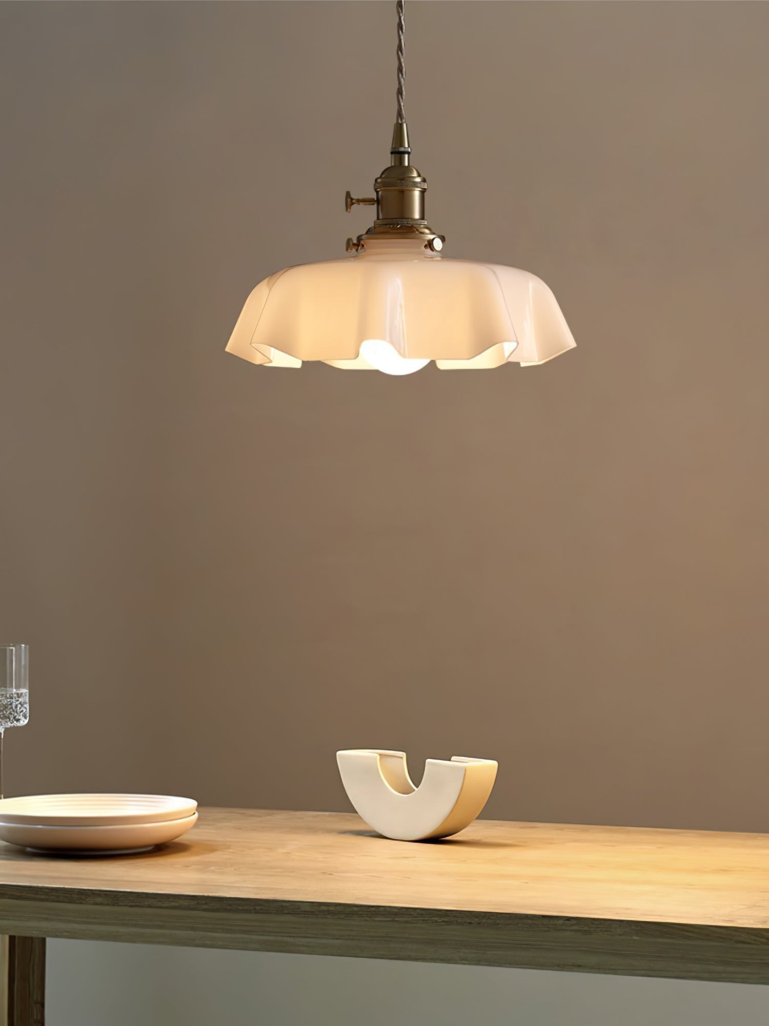 French Ruffled Glass Brass Pendant Light 1-Light