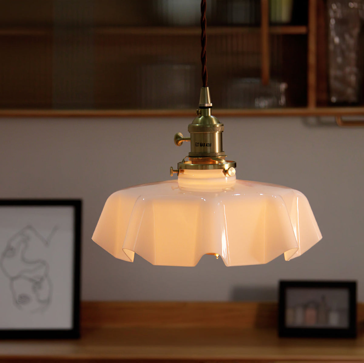 French Ruffled Glass Brass Pendant Light 1-Light