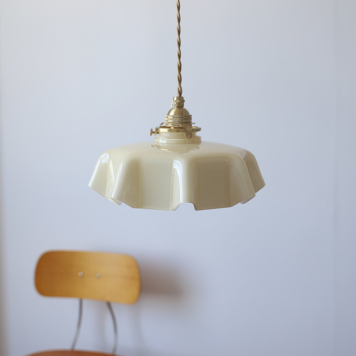 French Ruffled Glass Brass Pendant Light 1-Light
