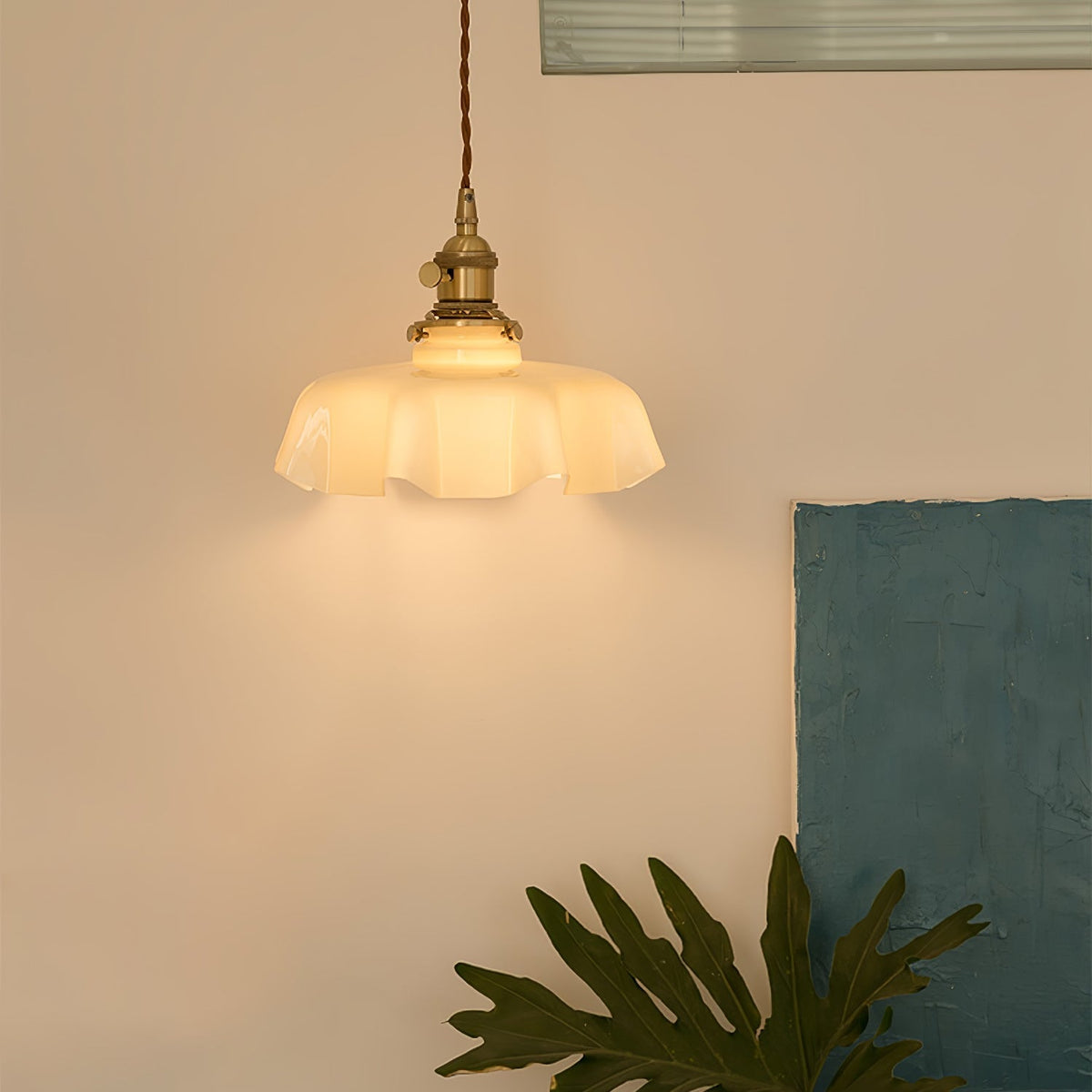 French Ruffled Glass Brass Pendant Light 1-Light