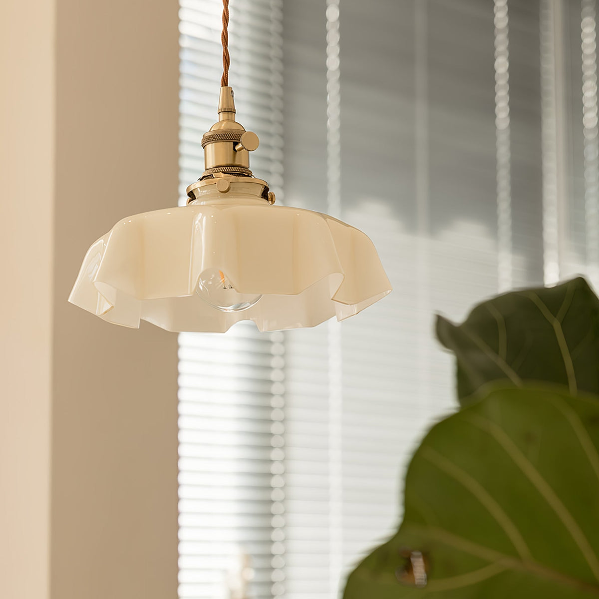 French Ruffled Glass Brass Pendant Light 1-Light