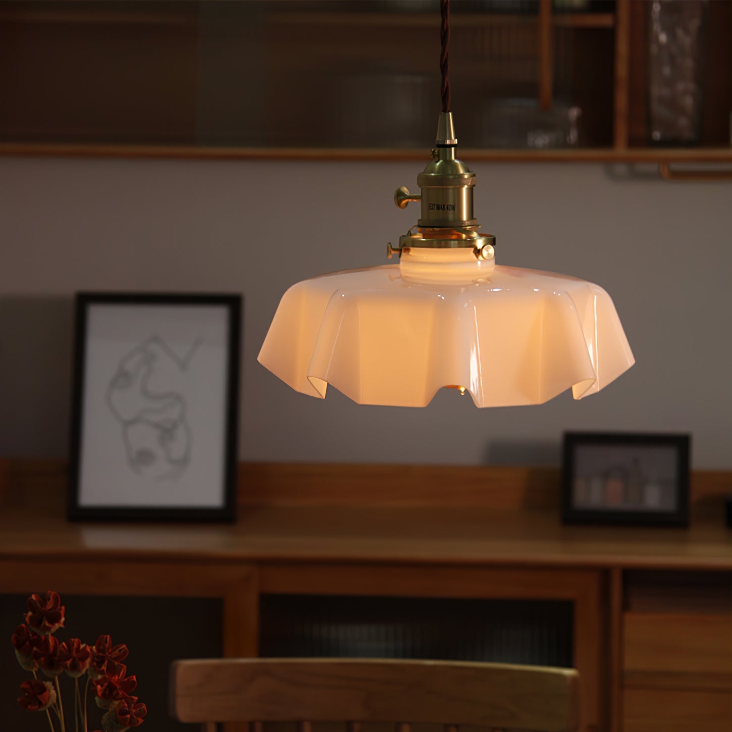 French Ruffled Glass Brass Pendant Light 1-Light