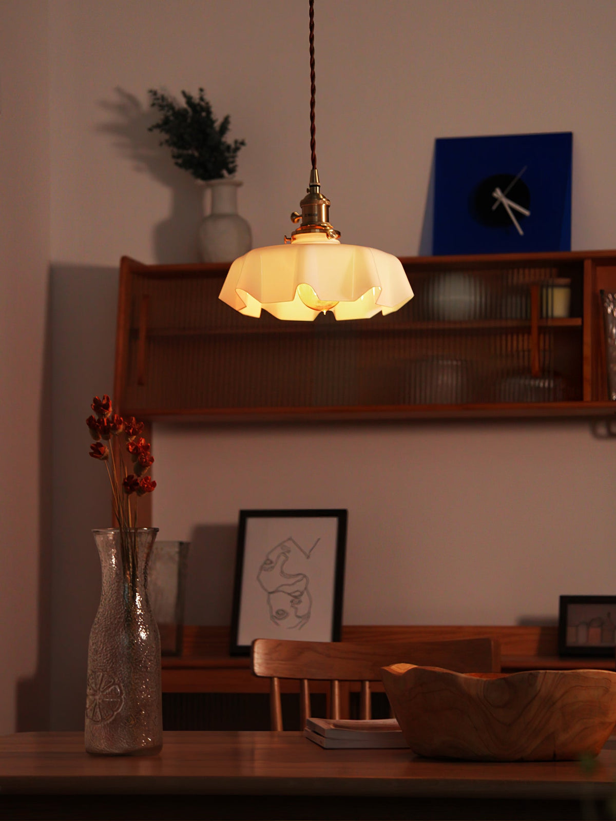 French Ruffled Glass Brass Pendant Light 1-Light