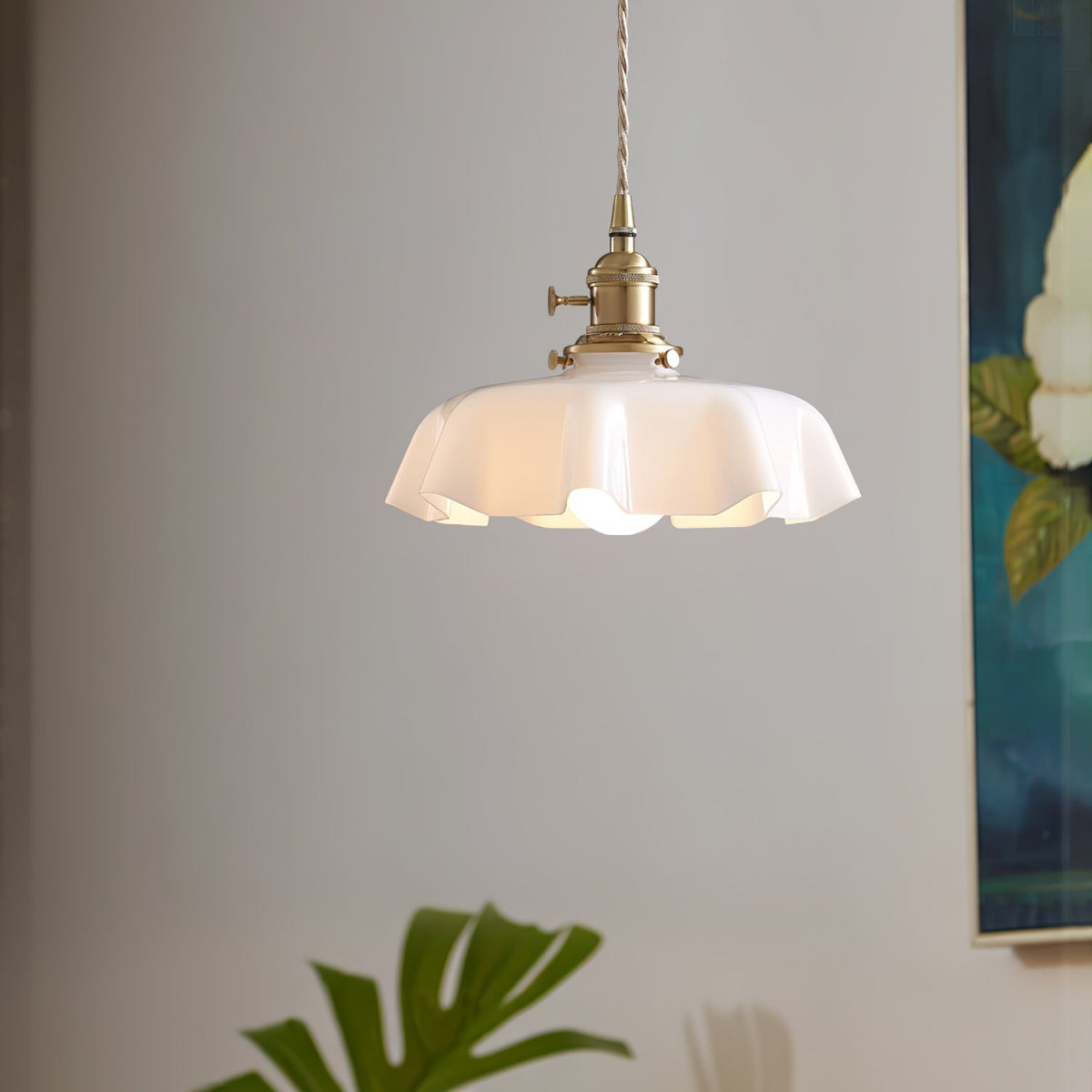 French Ruffled Glass Brass Pendant Light 1-Light