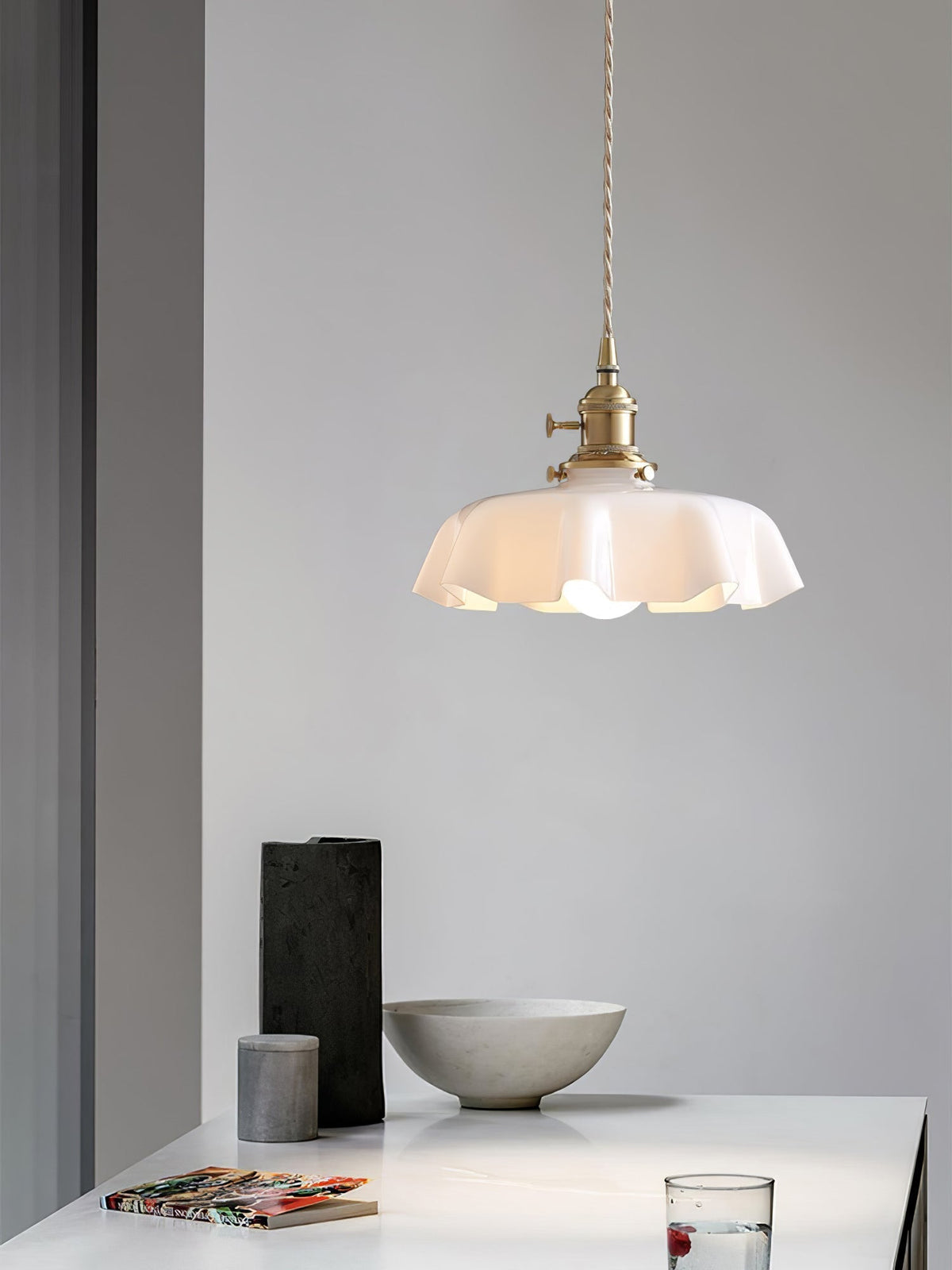 French Ruffled Glass Brass Pendant Light 1-Light