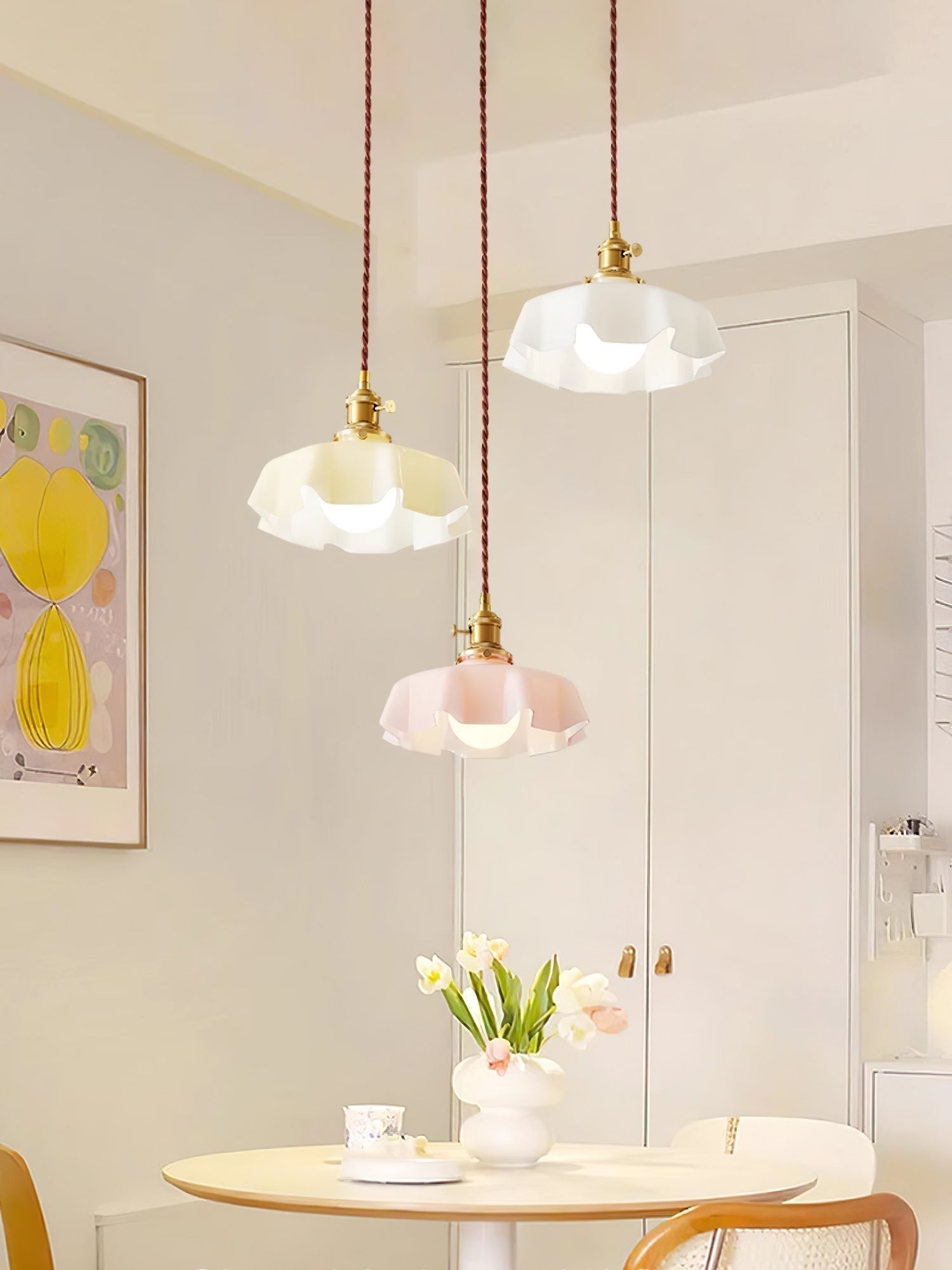 French Ruffled Glass Brass Pendant Light 1-Light