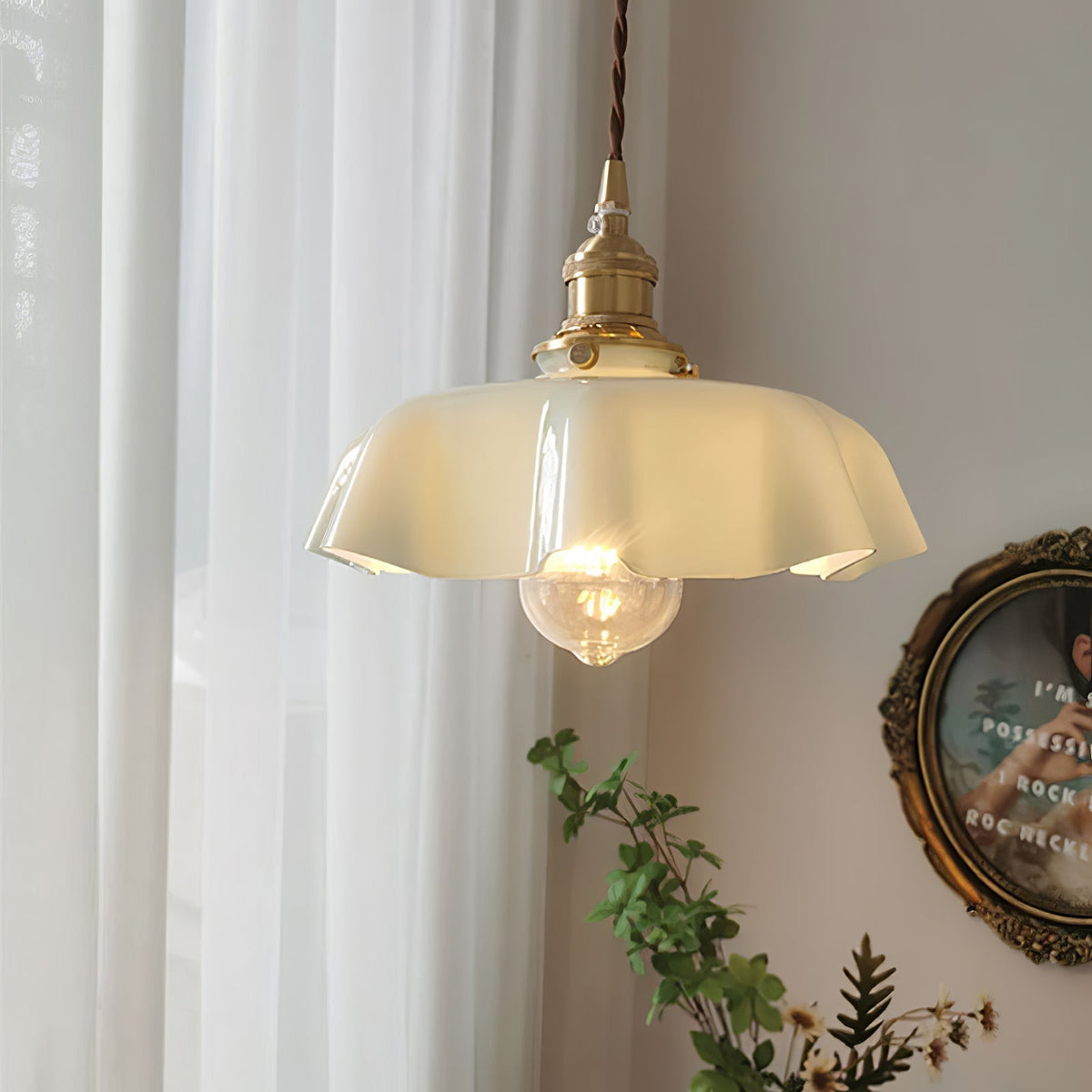French Ruffled Glass Brass Pendant Light 1-Light