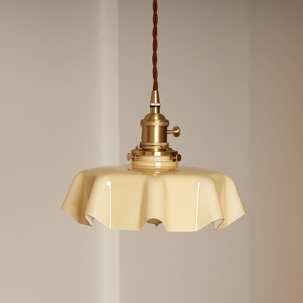 French Ruffled Glass Brass Pendant Light 1-Light