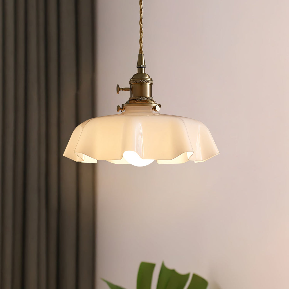 French Ruffled Glass Brass Pendant Light 1-Light