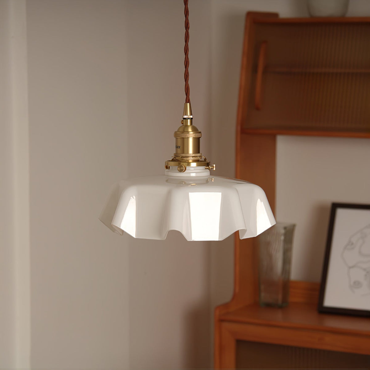 French Ruffled Glass Brass Pendant Light 1-Light