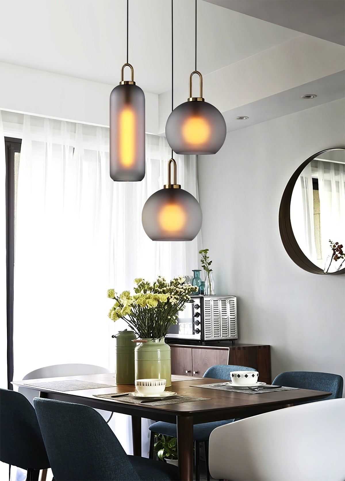 Lampadario moderno cilindrico in vetro e ottone a 1 luce