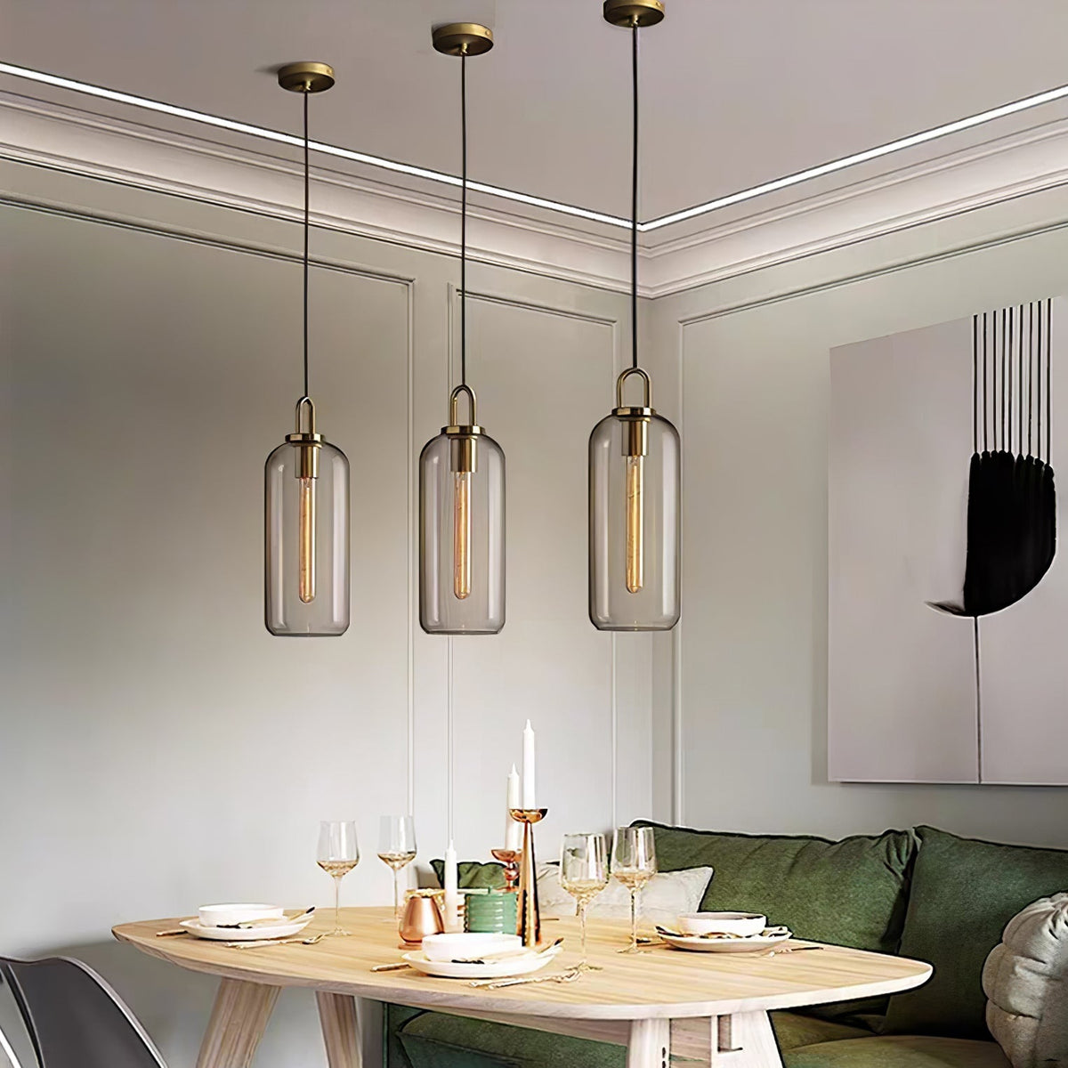 Lampadario moderno cilindrico in vetro e ottone a 1 luce