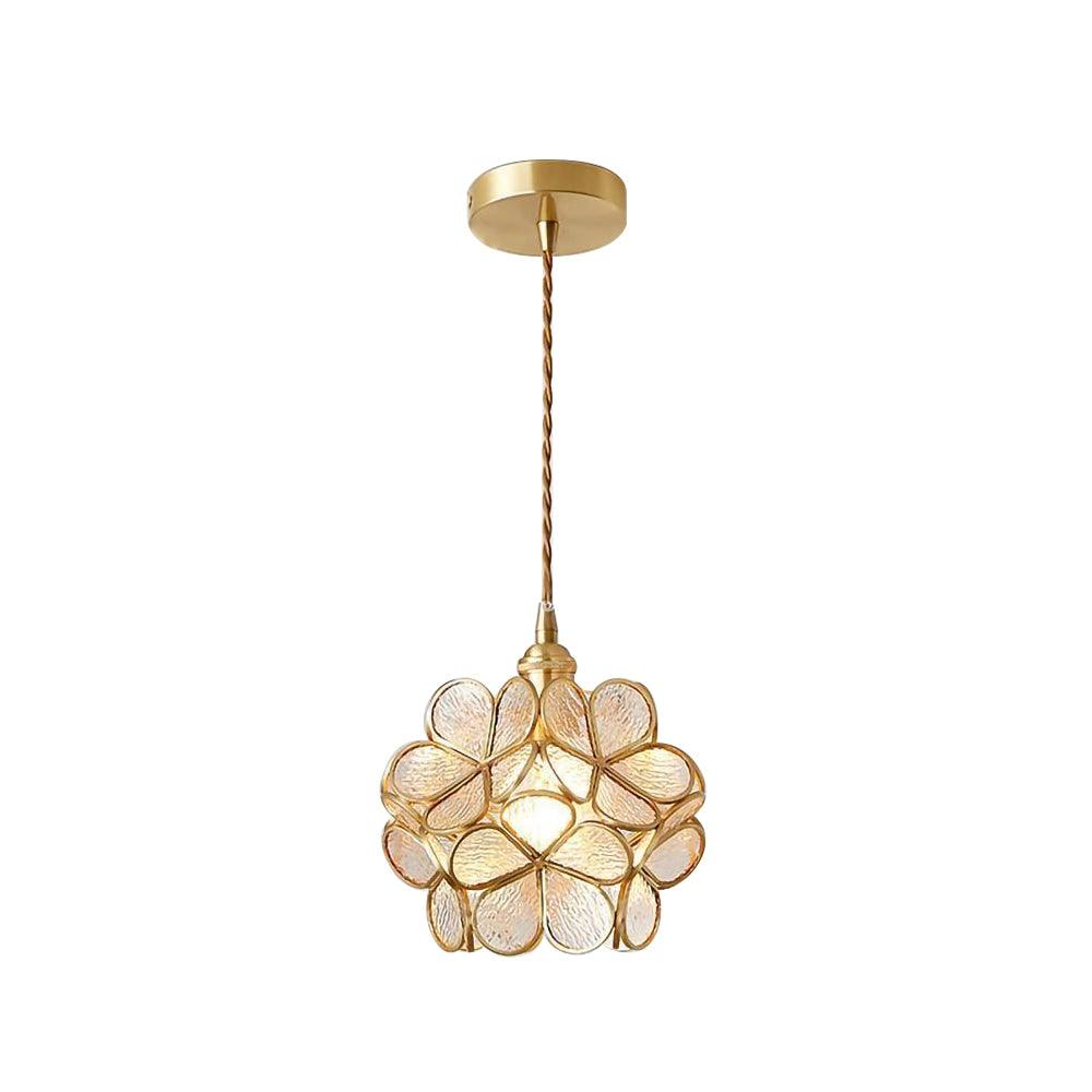 Lampadario vintage in ottone con globo in vetro floreale a 1 luce