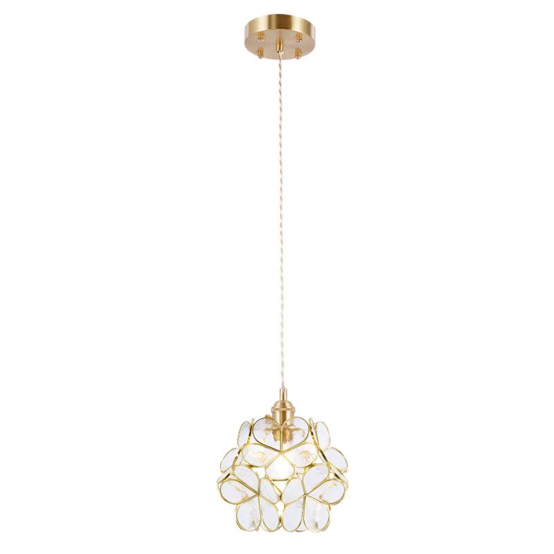Lampadario vintage in ottone con globo in vetro floreale a 1 luce