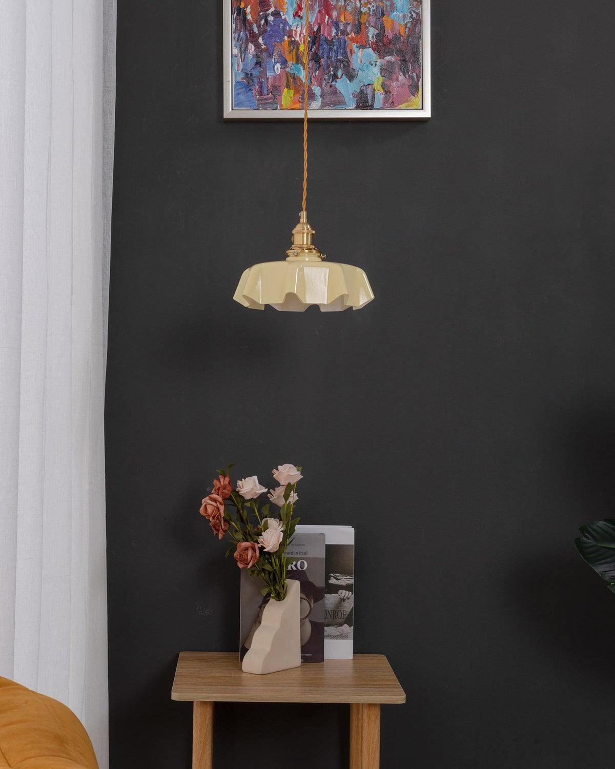 French Ruffled Glass Brass Pendant Light 1-Light