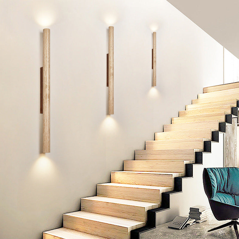 Japandi Travertin-Holz Zylinder LED-Wandleuchte 1-flammig