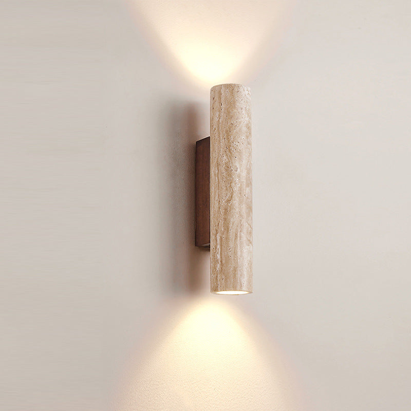 Japandi Travertin-Holz Zylinder LED-Wandleuchte 1-flammig