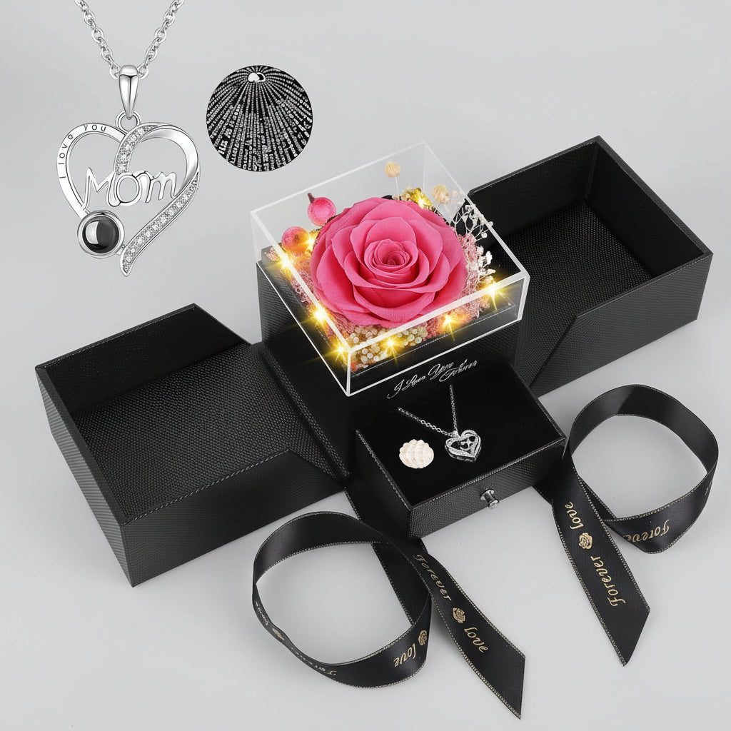 Konservierte rote echte Rosen im Geschenkbox, „Ich liebe dich“-Halskette