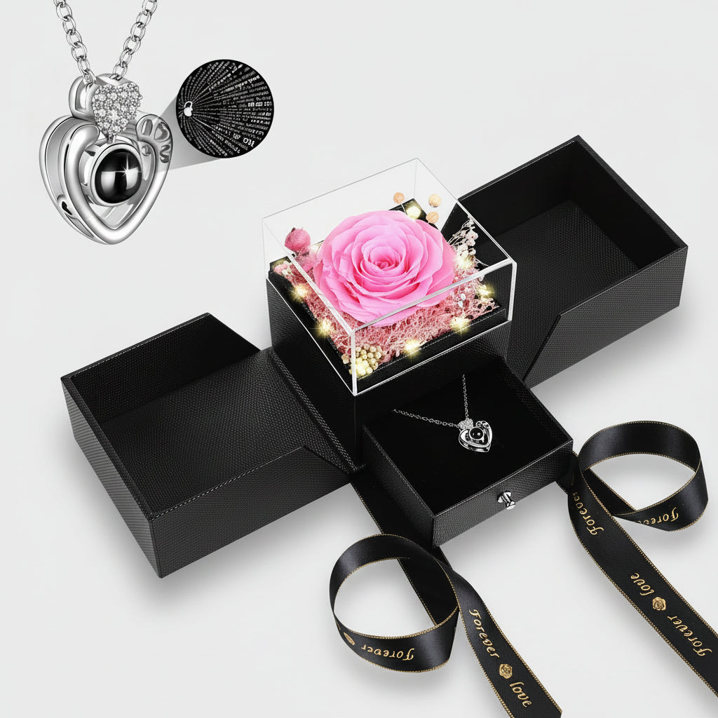 Konservierte rote echte Rosen im Geschenkbox, „Ich liebe dich“-Halskette