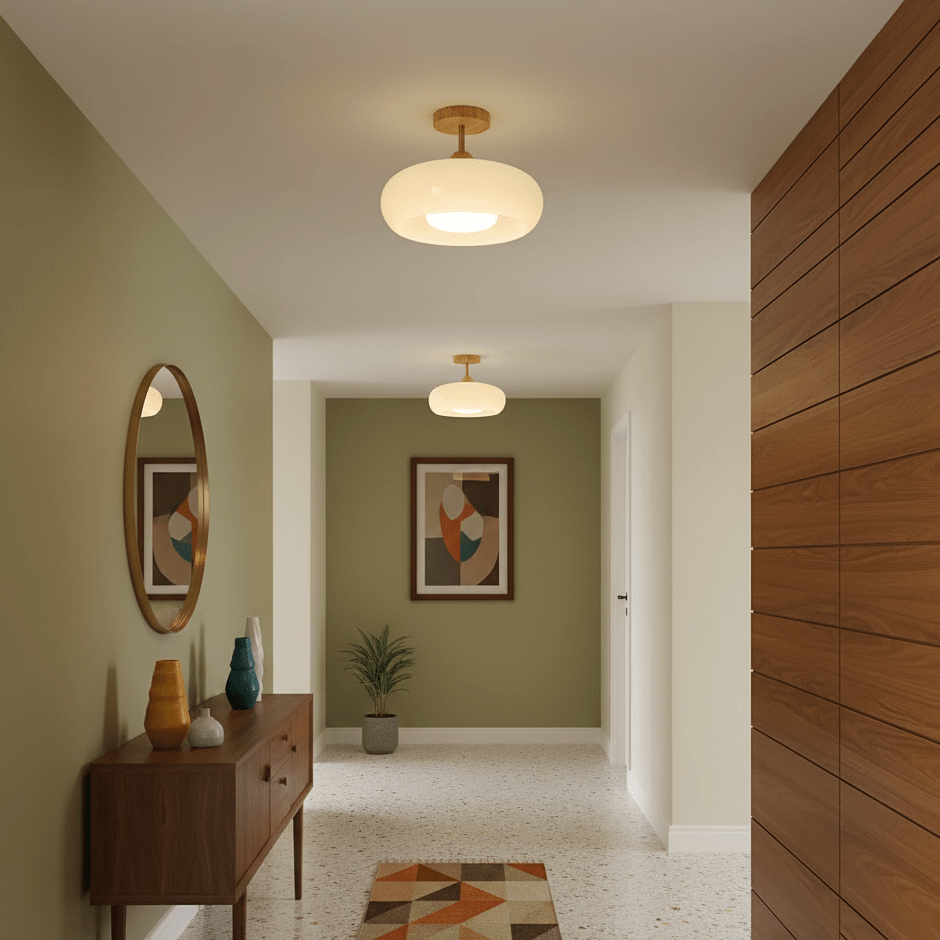 Lámpara de techo nórdica semiencastrada con cúpula de madera y vidrio LED 1 luz