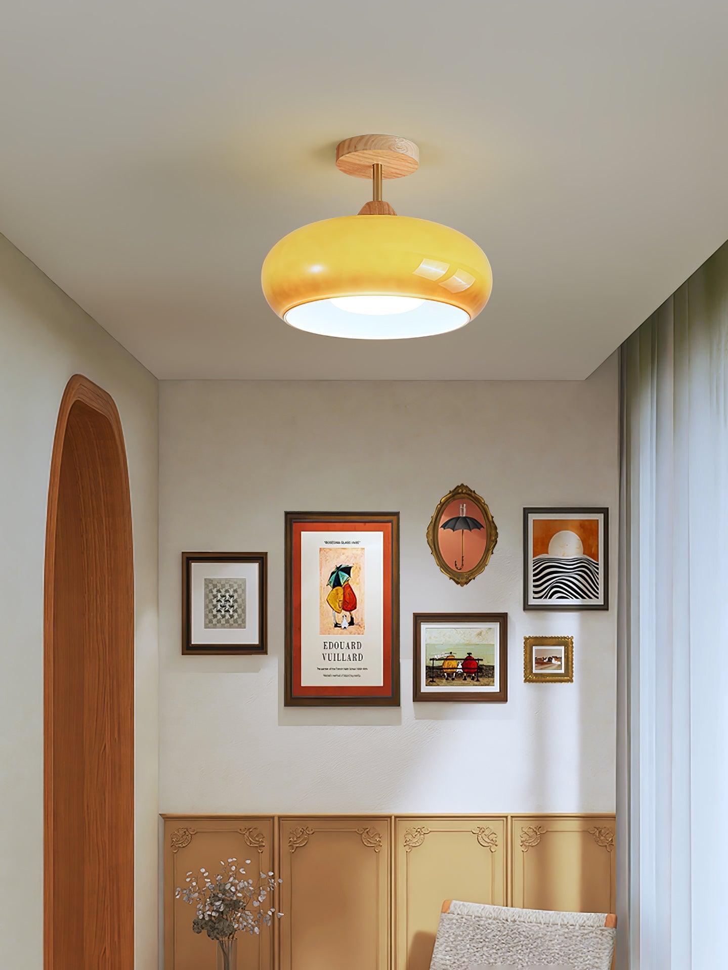Lámpara de techo nórdica semiencastrada con cúpula de madera y vidrio LED 1 luz
