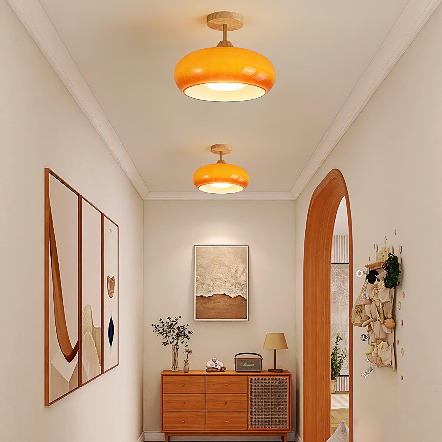 Lámpara de techo nórdica semiencastrada con cúpula de madera y vidrio LED 1 luz