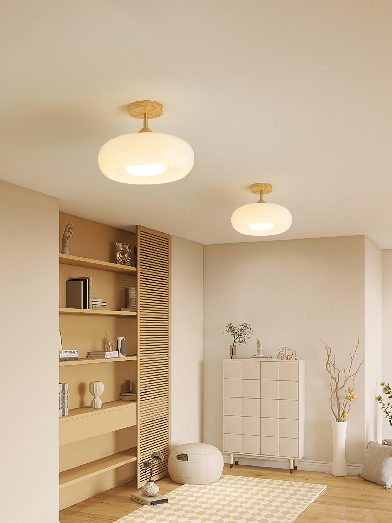 Lámpara de techo nórdica semiencastrada con cúpula de madera y vidrio LED 1 luz