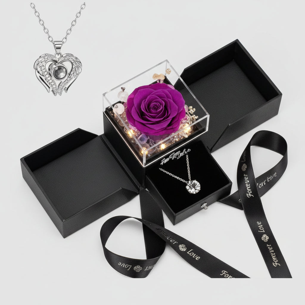 Konservierte rote echte Rosen im Geschenkbox, „Ich liebe dich“-Halskette
