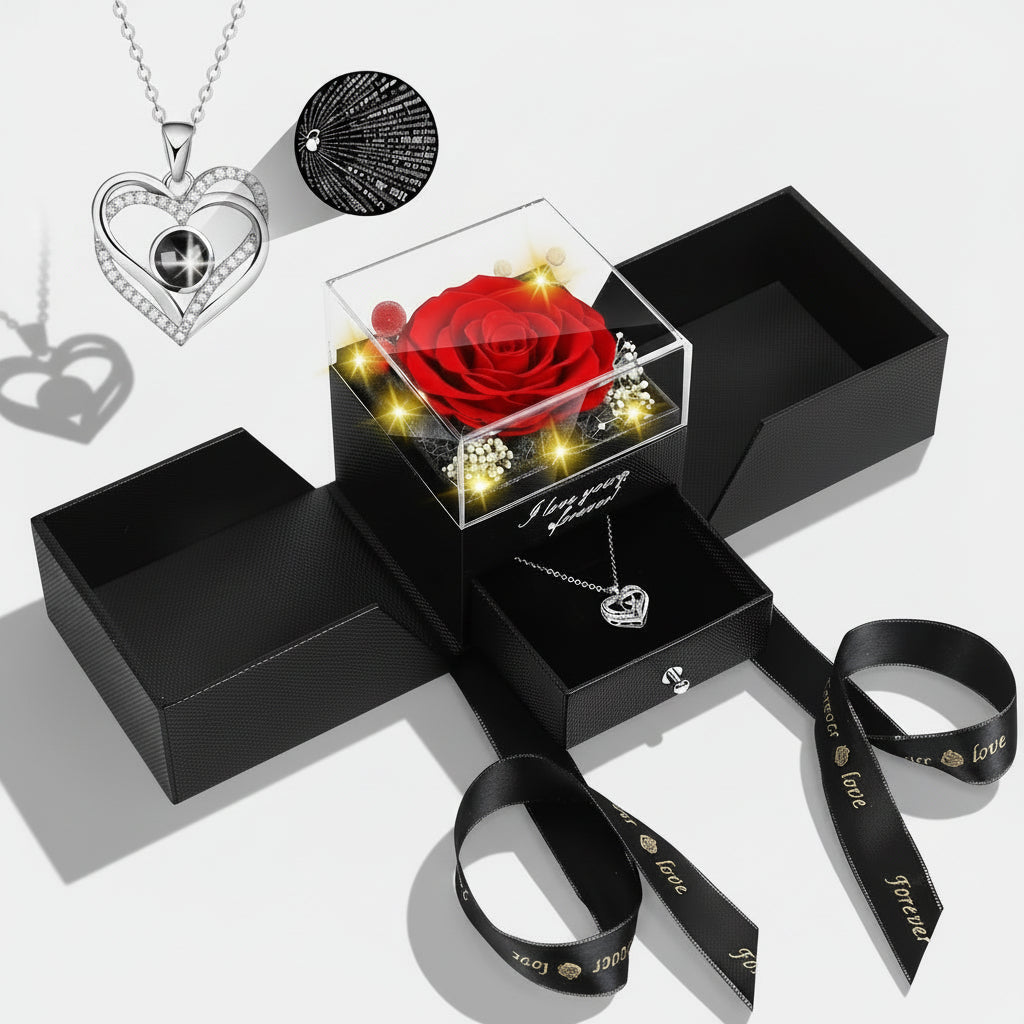 Konservierte rote echte Rosen im Geschenkbox, „Ich liebe dich“-Halskette
