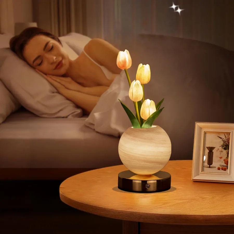 LED Tulipan Natlys Soveværelse Stemningsbordlampe Planet Buket Dekoration