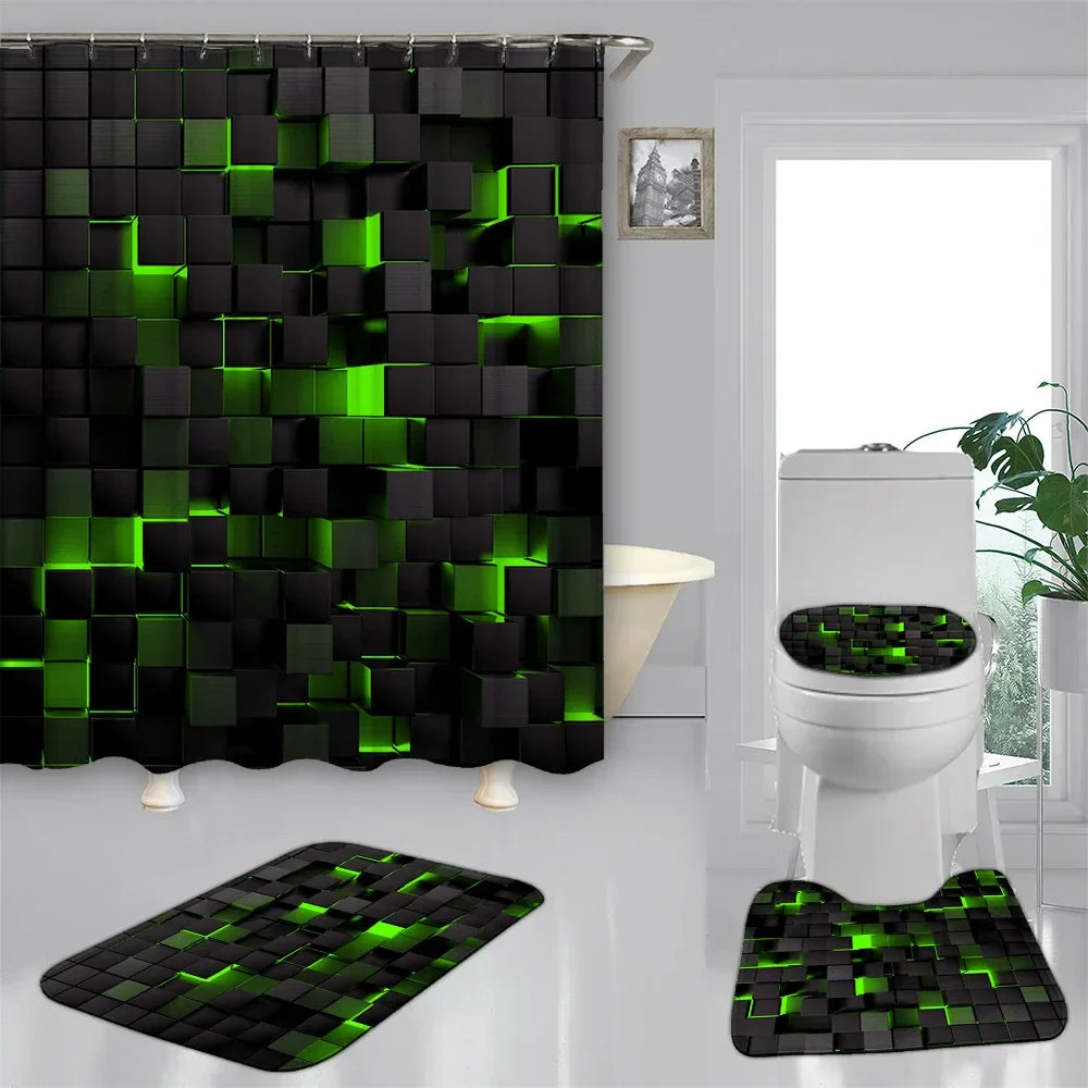 4-Piece Waterproof Shower Curtain Set with Hooks & Bathroom Floor Mats Blue Black