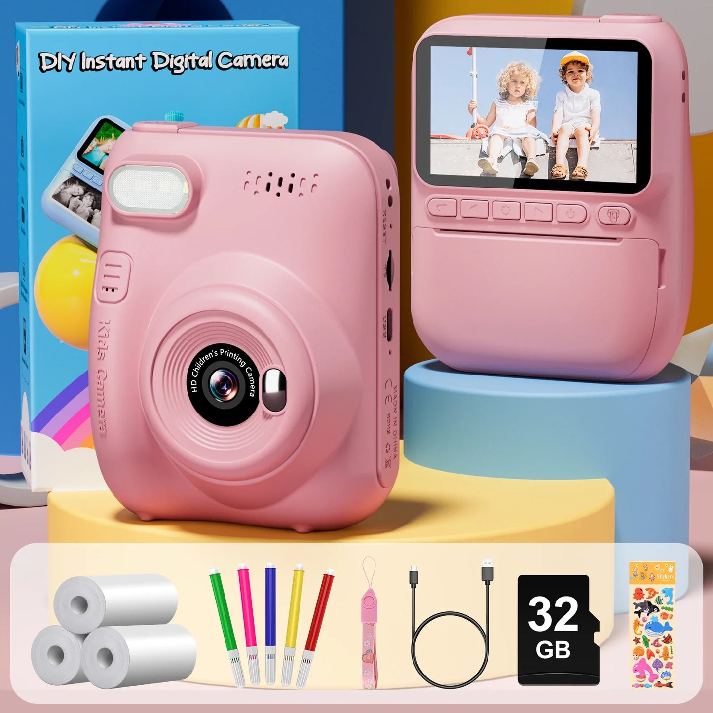 Kids Instant Print Camera 32MP 1080P Digital Camera with 3.0" Screen and Printer Paper