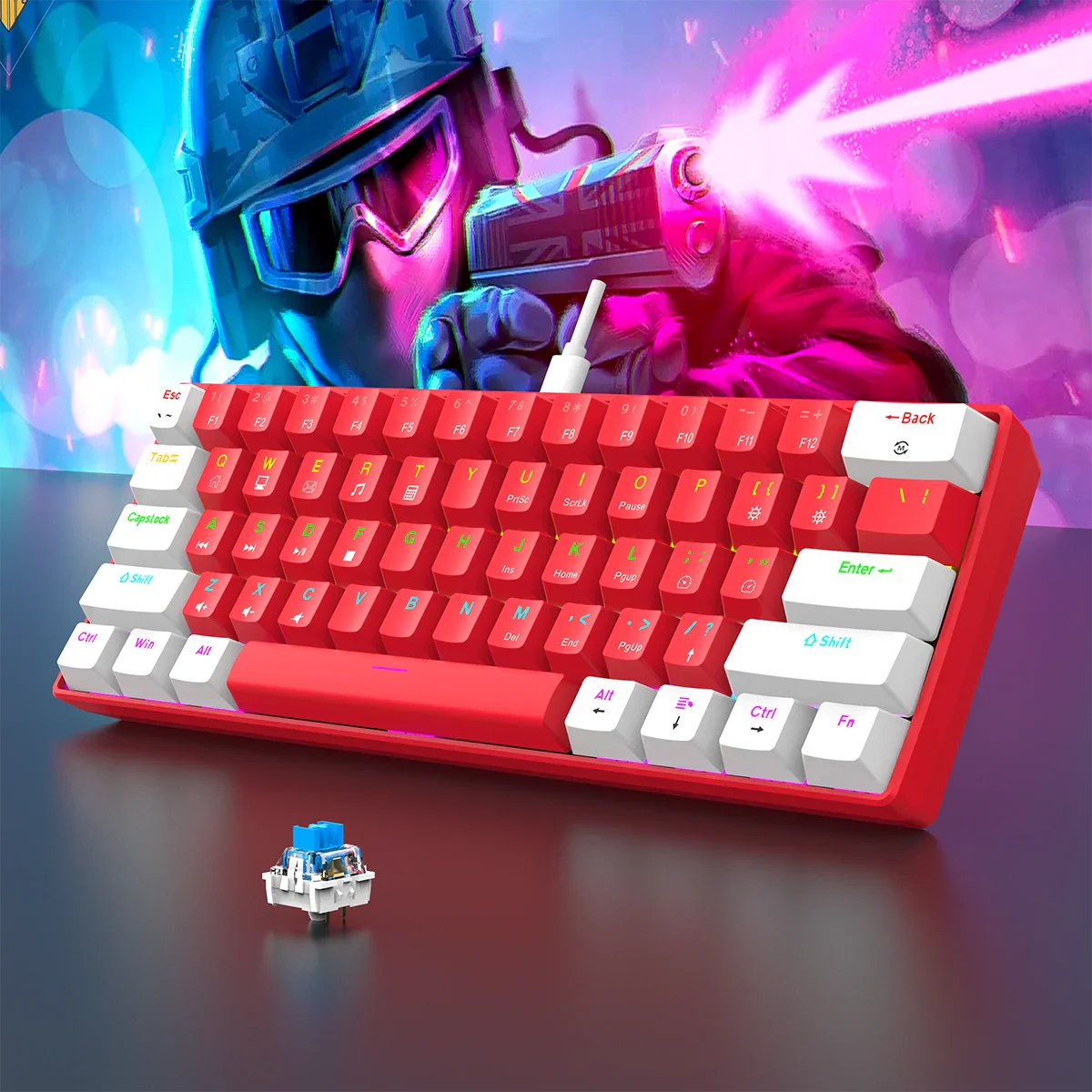 Teclado para juegos con cable 60 % – Teclado compacto de 61 teclas con retroiluminación RGB resistente al agua para PC y Mac