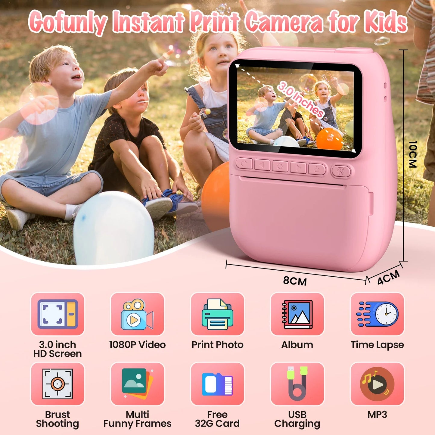 Kids Instant Print Camera 32MP 1080P Digital Camera with 3.0" Screen and Printer Paper