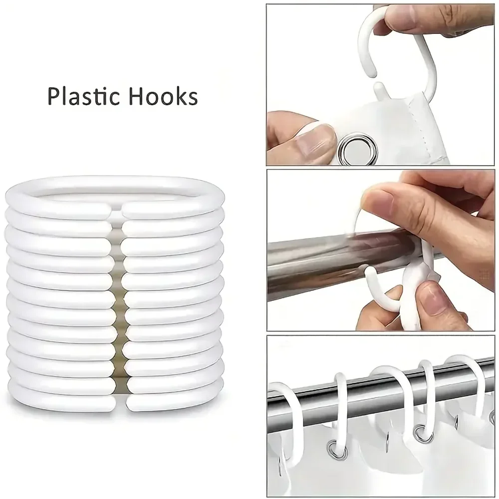 4-Piece Waterproof Shower Curtain Set with Hooks & Bathroom Floor Mats Blue Black