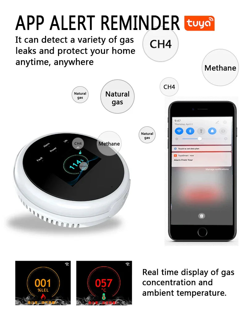Tuya WiFi-Gasdetektor, Smart Home Erdgasalarm mit LCD-Anzeige, brennbarer Sensor