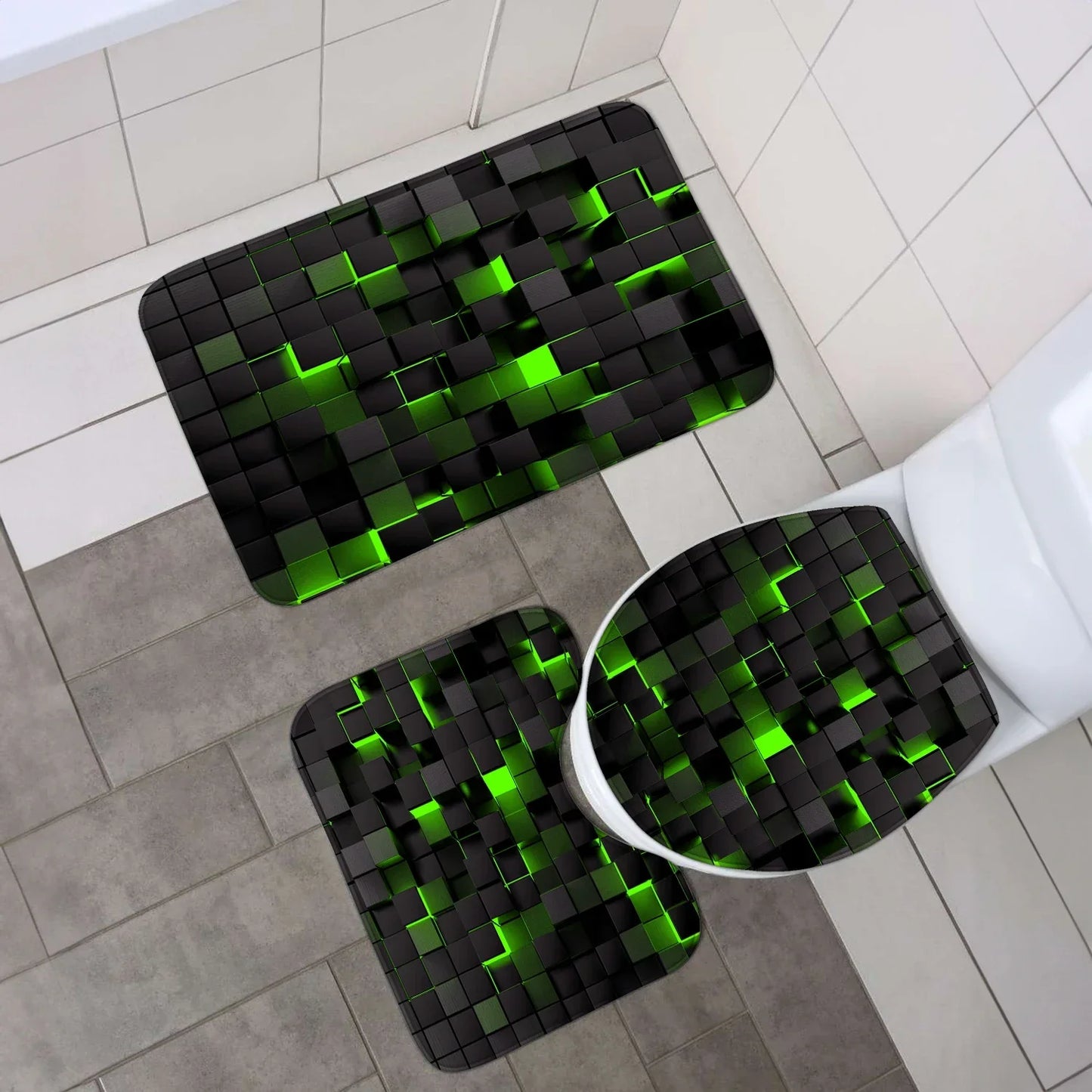 4-Piece Waterproof Shower Curtain Set with Hooks & Bathroom Floor Mats Blue Black