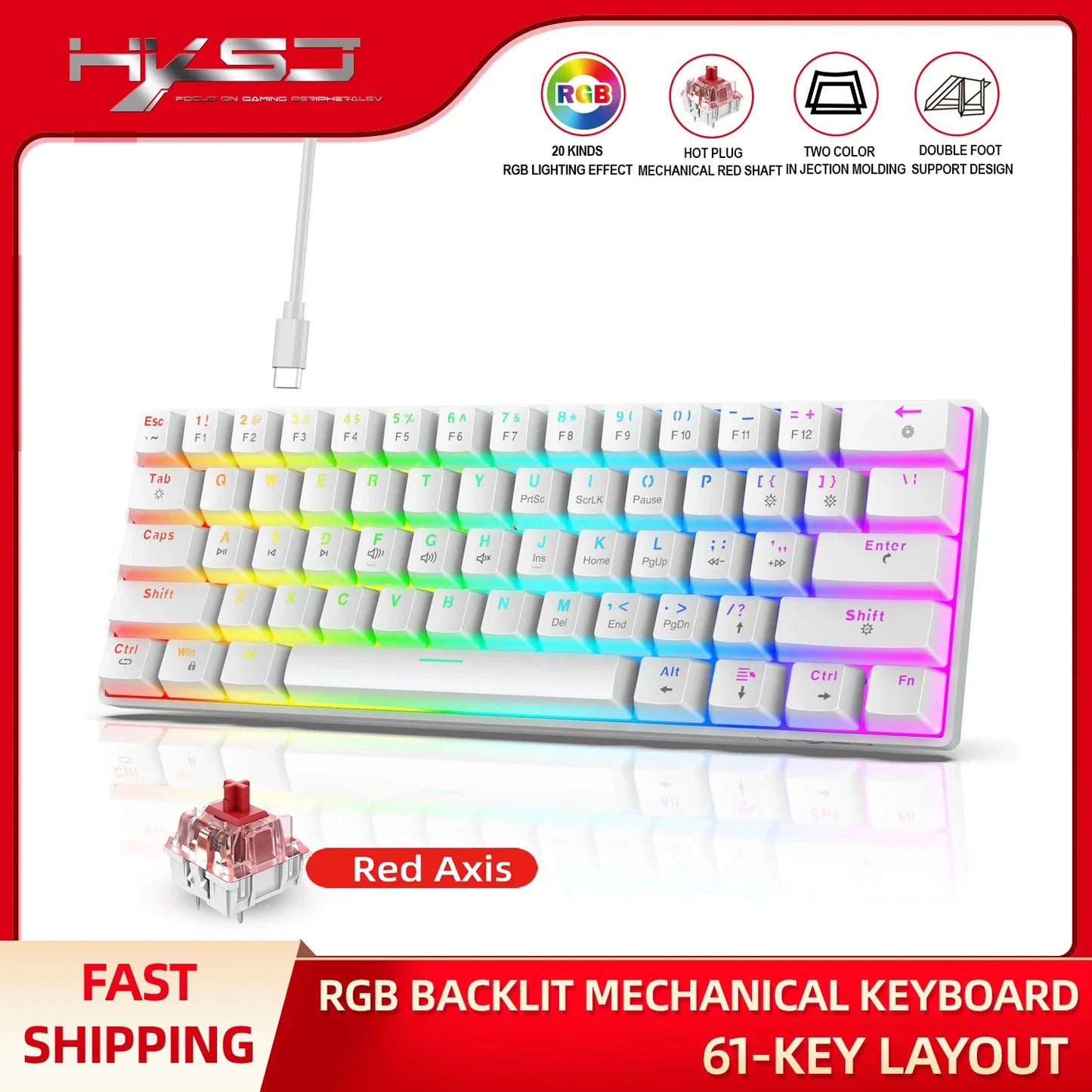 Teclado para juegos con cable 60 % – Teclado compacto de 61 teclas con retroiluminación RGB resistente al agua para PC y Mac
