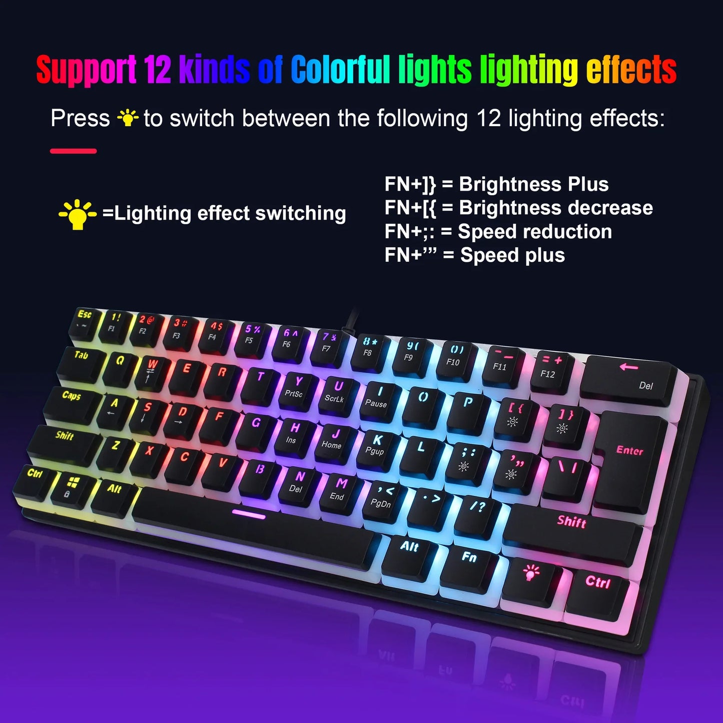 Teclado para juegos con cable 60 % – Teclado compacto de 61 teclas con retroiluminación RGB resistente al agua para PC y Mac
