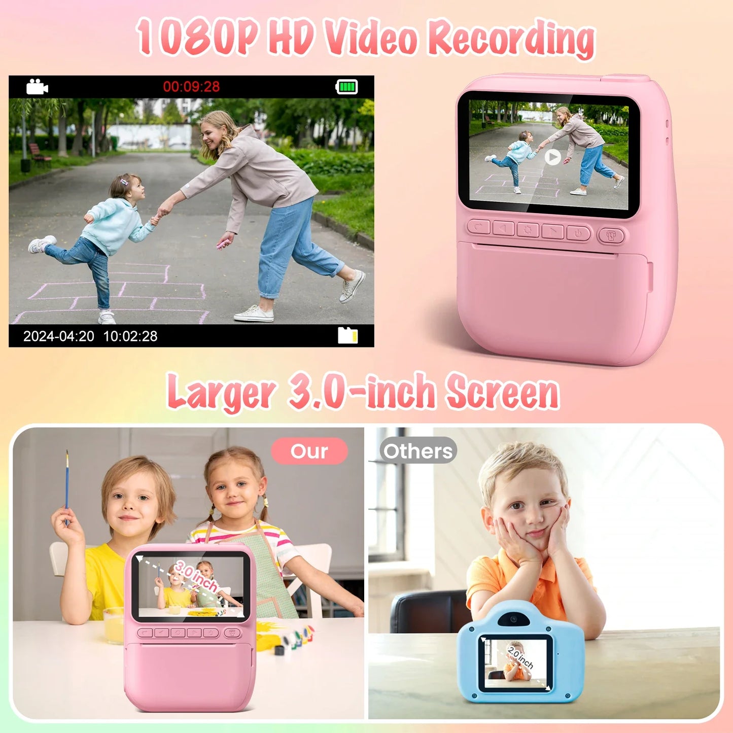 Kids Instant Print Camera 32MP 1080P Digital Camera with 3.0" Screen and Printer Paper