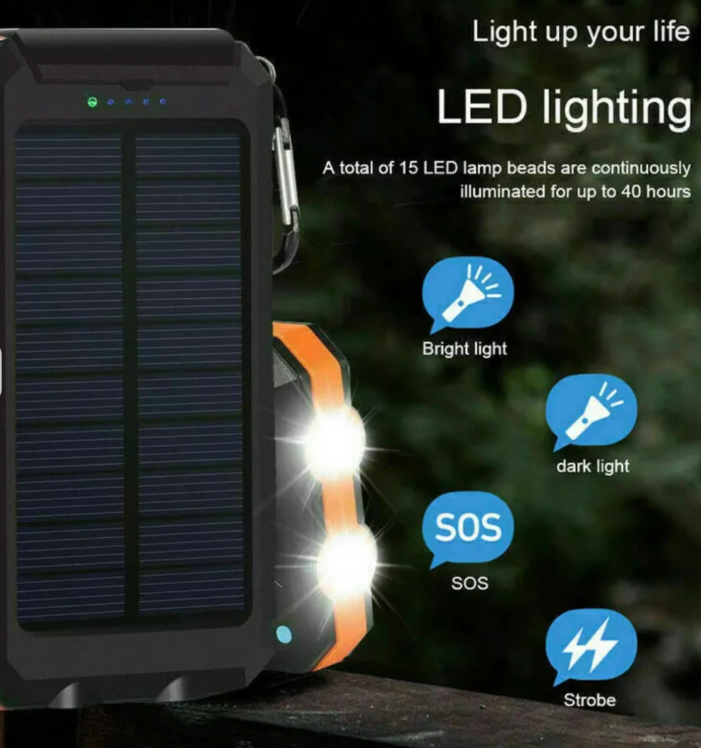 Solar Power Bank – 500000mAh Compact Waterproof Outdoor Charger with Dual USB & LED Light