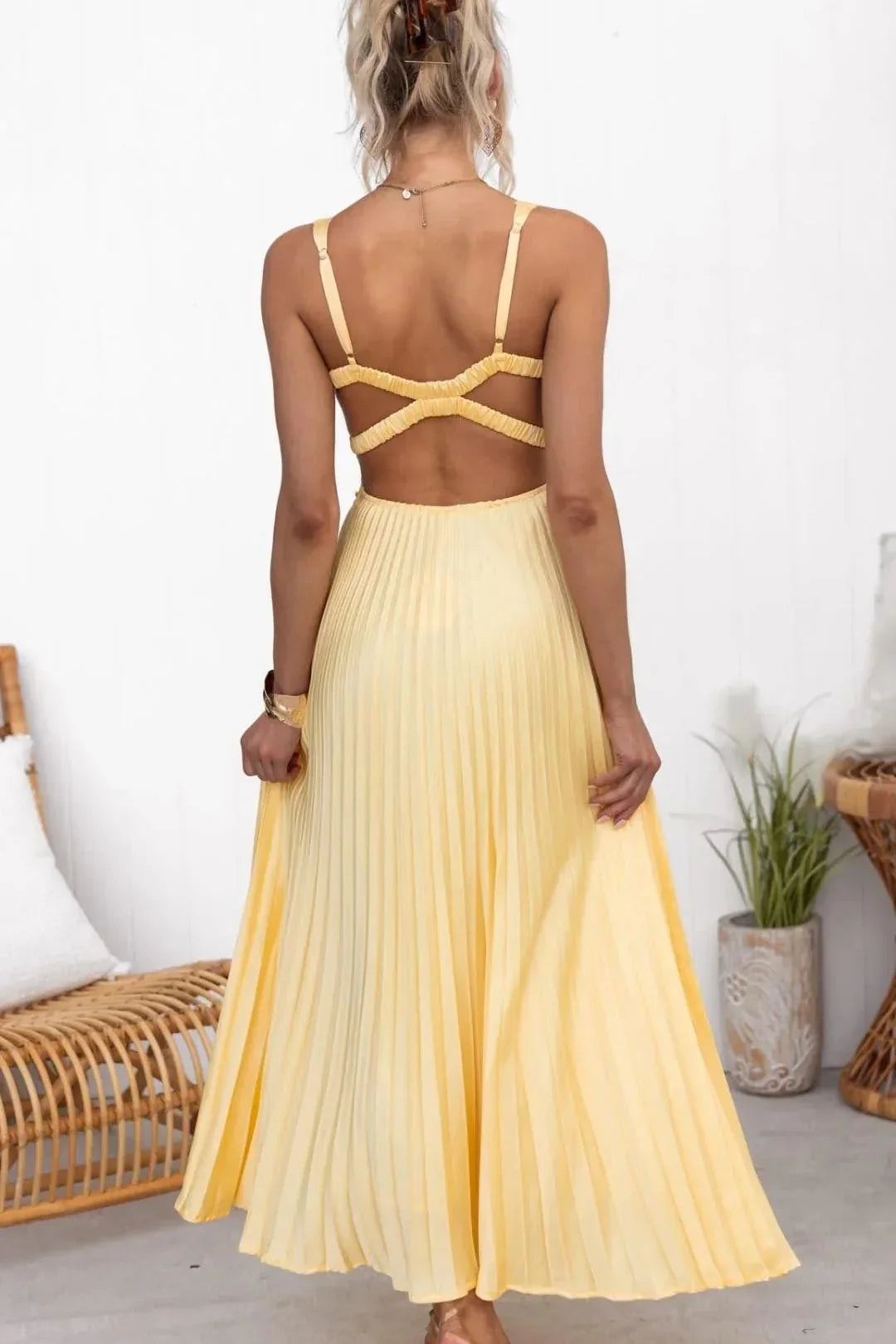 YELLOW DRESS | PLEATED WITH BACKLESS V-NECK