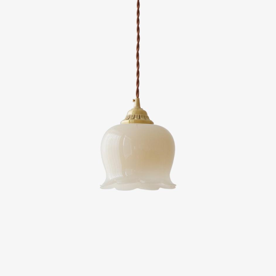 Vintage messing bloemblad glazen hanglamp 1-licht