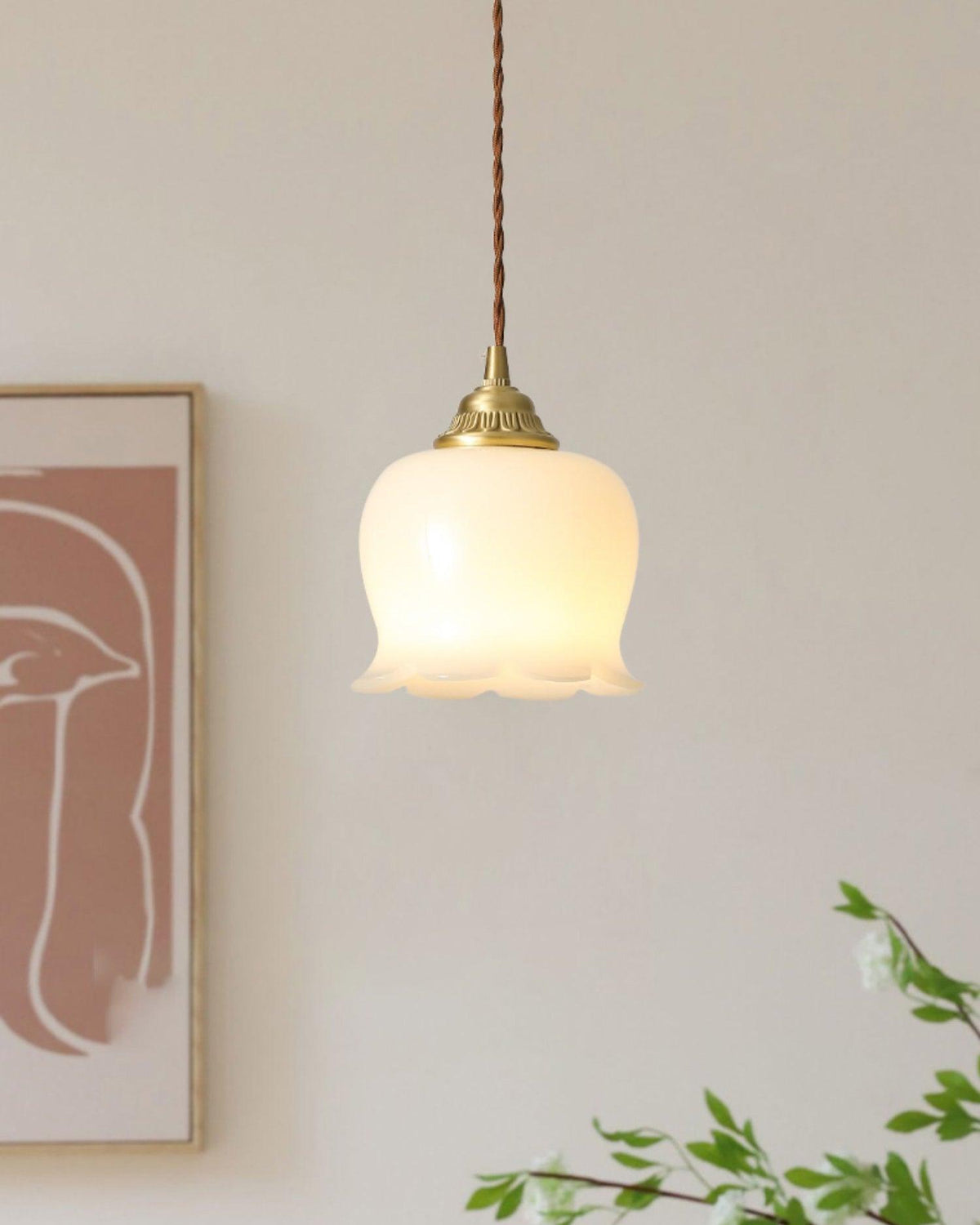 Vintage messing bloemblad glazen hanglamp 1-licht