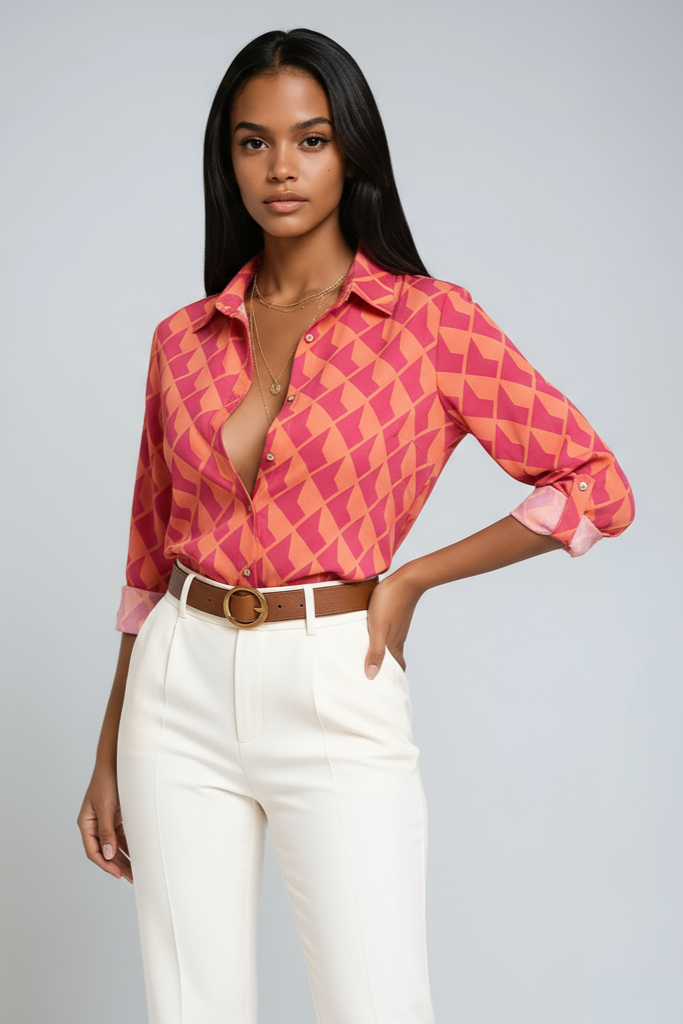 GRAFISK CHIC | BLÅ GEOMETRISK PRINT KNAPBLUSE