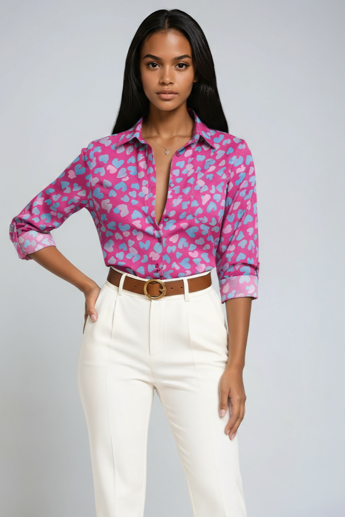 GRAFISK CHIC | BLÅ GEOMETRISK PRINT KNAPBLUSE